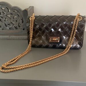 Woven Patent Shoulder Bag with Gold Chain Strap - Black
